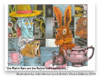 John Vernon's illustration of the Mad Hatter's Tea Party in Alice's Adventures in Wonderland